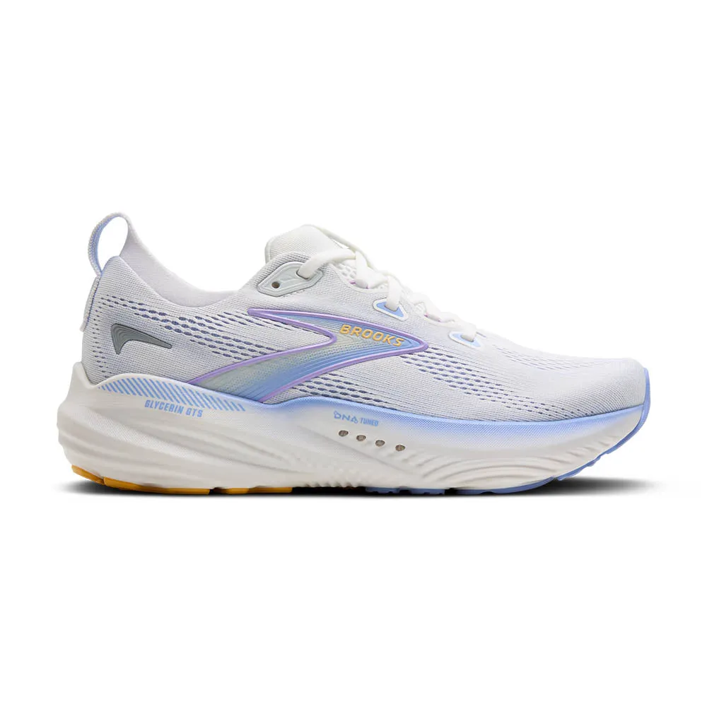 Brooks Glycerin GTS 22 (Womens) - White/Blue Heron/Apricot running during a foggy day easy to put on