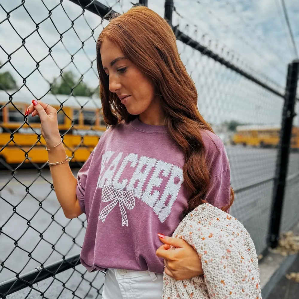Comfy Vibe White Bow Teacher Tee - Berry