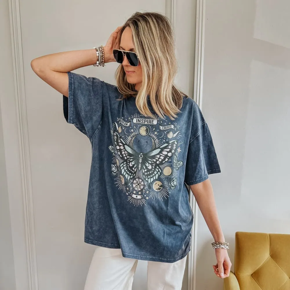 Light Wear Inspired Butterfly Oversized Tee - Denim Navy