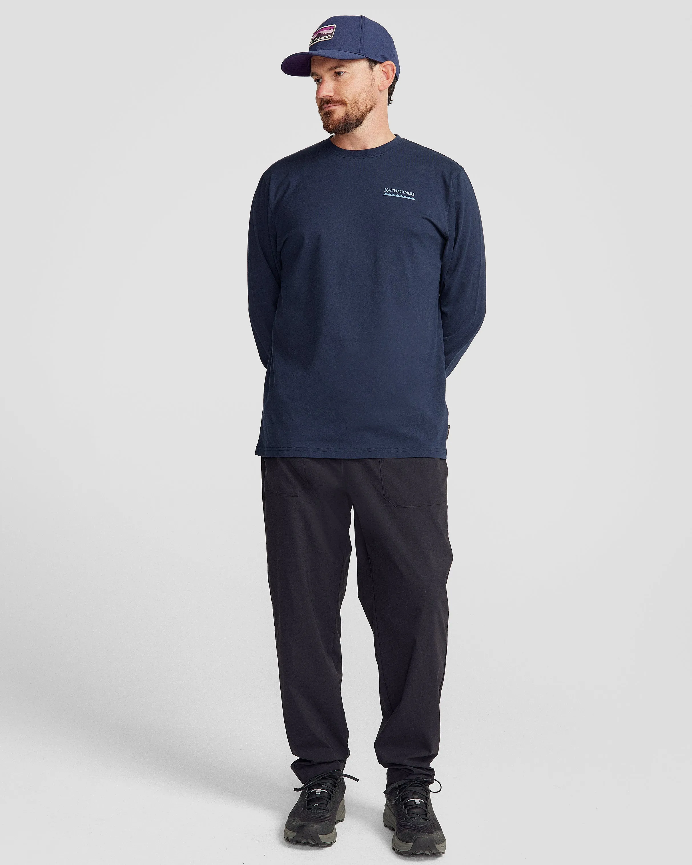 Performance Wear Curved Hemline Men's Heritage Logo Organic Cotton L/S Tee - Pure Navy