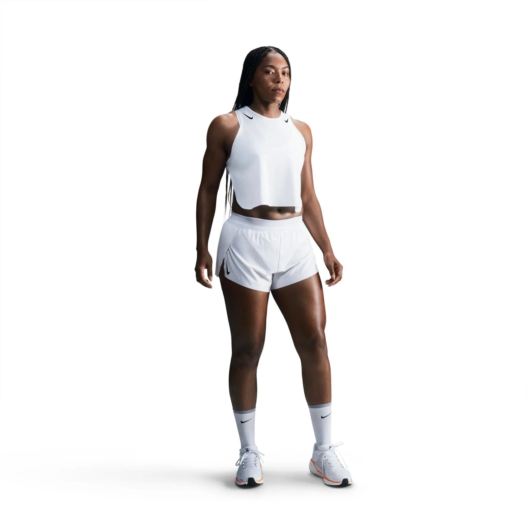 Women's DRI-FIT ADV Aeroswift Mid-Rise Brief-Lined 3" Running Shorts (100 - White/Black) Chic Design Airflow Mesh Panels