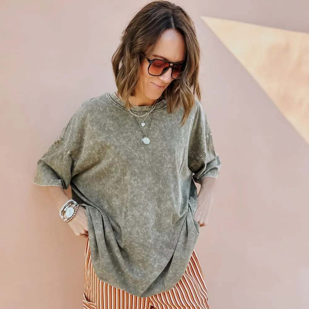 Lainey Oversized Tee - Washed Dark Olive Breathable Cotton Fabric Odor Control Finish