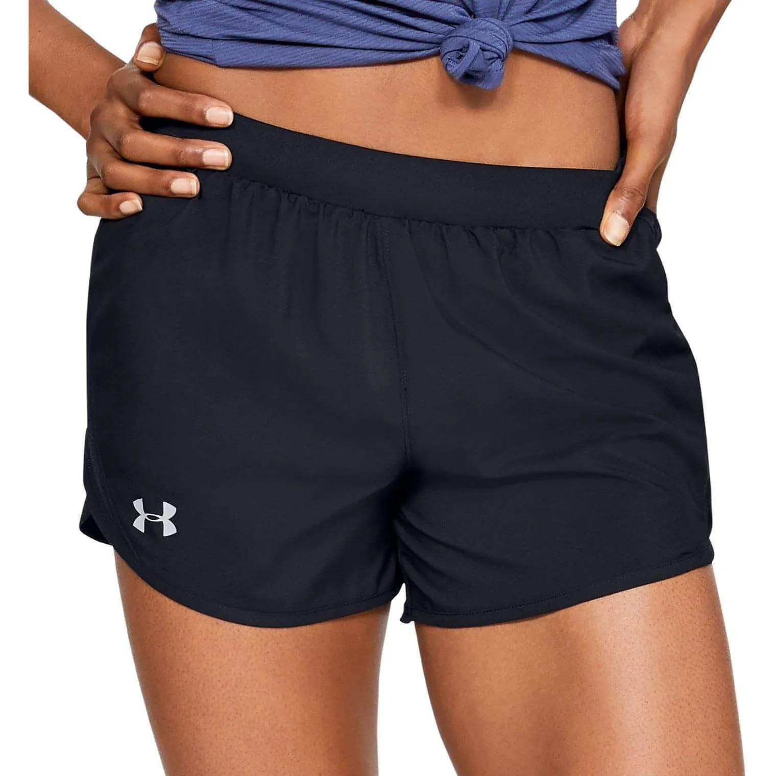 Under Armour Fly By 2.0 Womens Running Shorts - Black Non Restrictive Cut LaserCutEdging