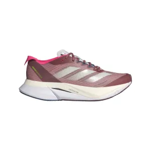 Adidas Adizero Boston 12 (Womens) - Preloved Crimson/Zero Metallic/Preloved Ink running in a canyon area shoes