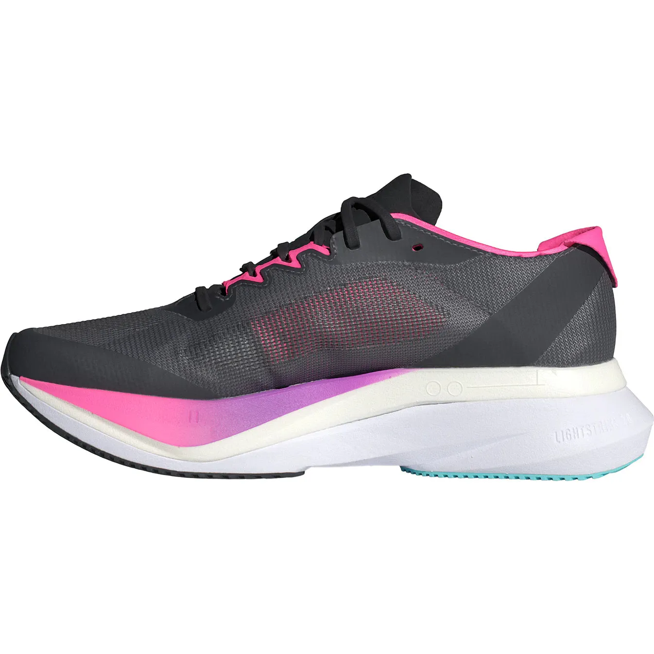 Women's Adizero Boston 12 Grey Five / Crystal Jade / Lucid Pink Collapsed Midsole Geometry running in a basketball court area shoes