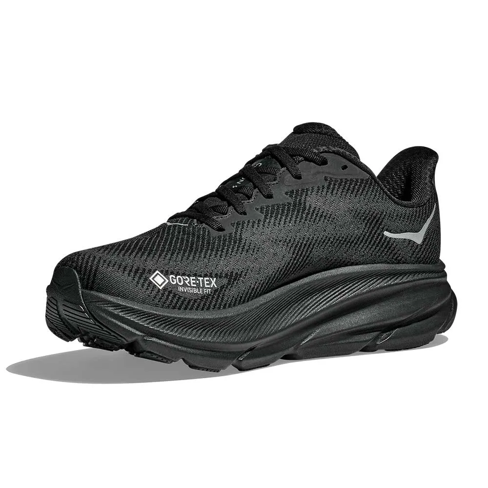 Women's Clifton 9 GTX Running Shoe - Black/Black - Regular (B) outdoor trail running shoe usage