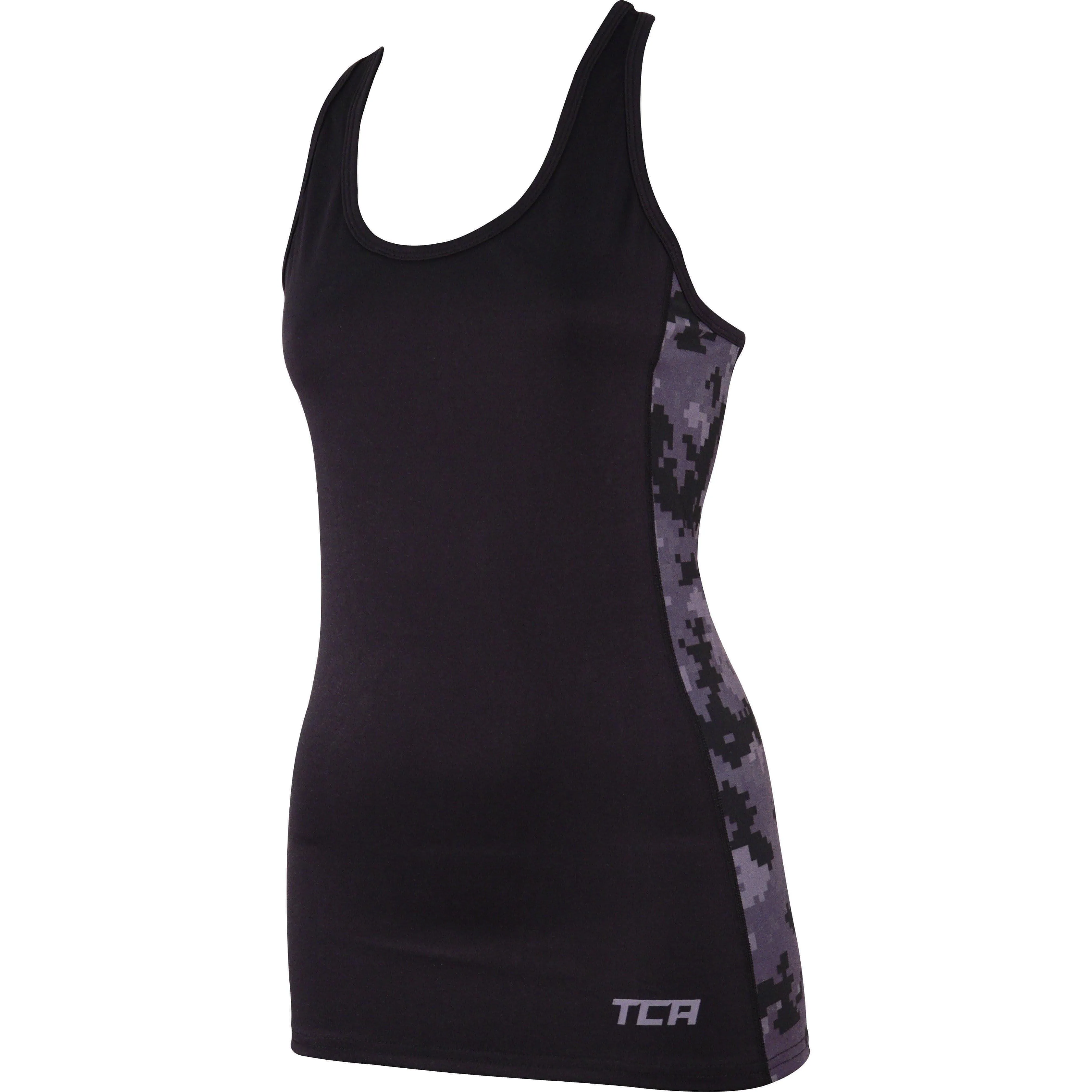Ribbed Trim air based TCA Camo Print Womens Running Vest Tank Top - Black