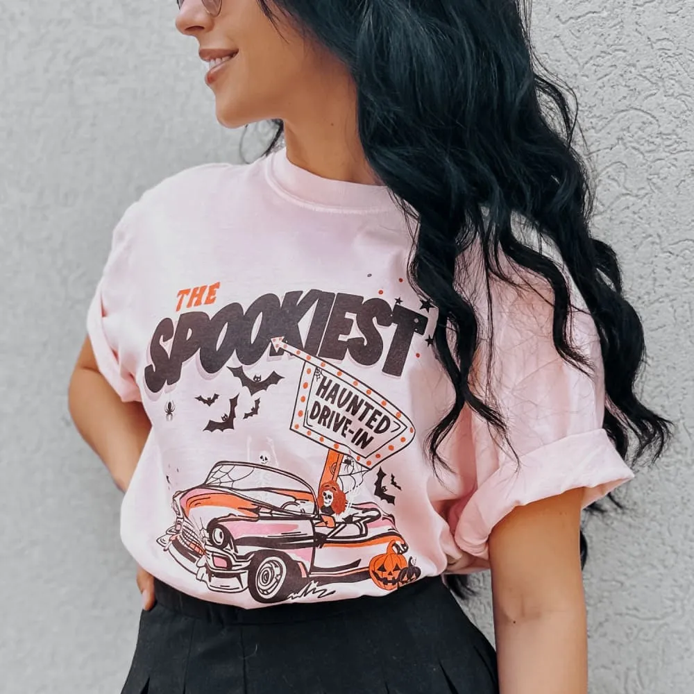 Easy to Style Tagless Design Haunted Drive-In Tee