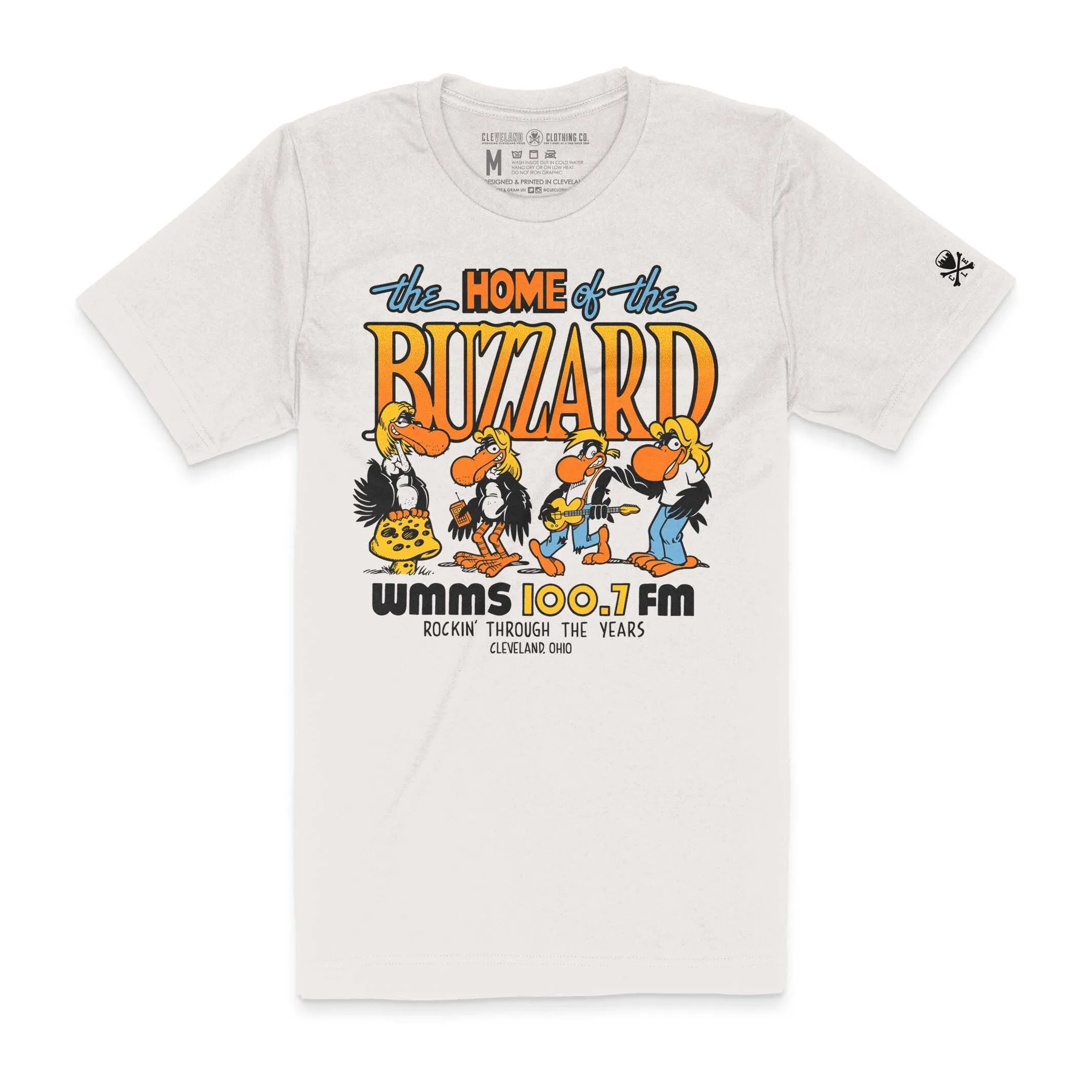 OekoTexCertified WMMS 100.7 FM The Buzzard - Rockin Through The Years - Mens/Unisex Crew T-Shirt  *Officially Licensed