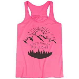 Flowy Racerback Tank Top - Life's Short Run Long (Mountains) Cross Back Ventilation Design above ground