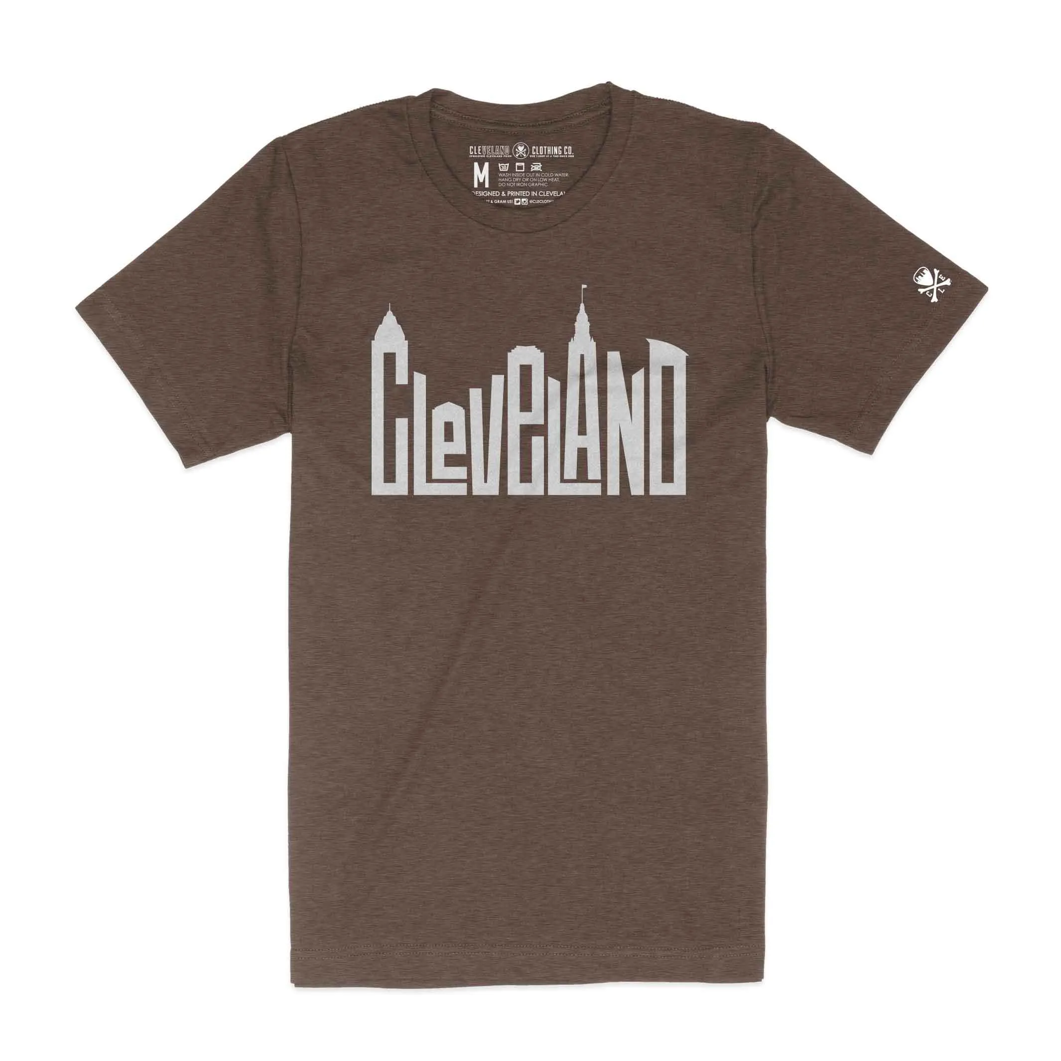 Lightweight Fabric Cleveland Skyline Letters - Mens/Unisex Crew T-Shirt - Heather Brown