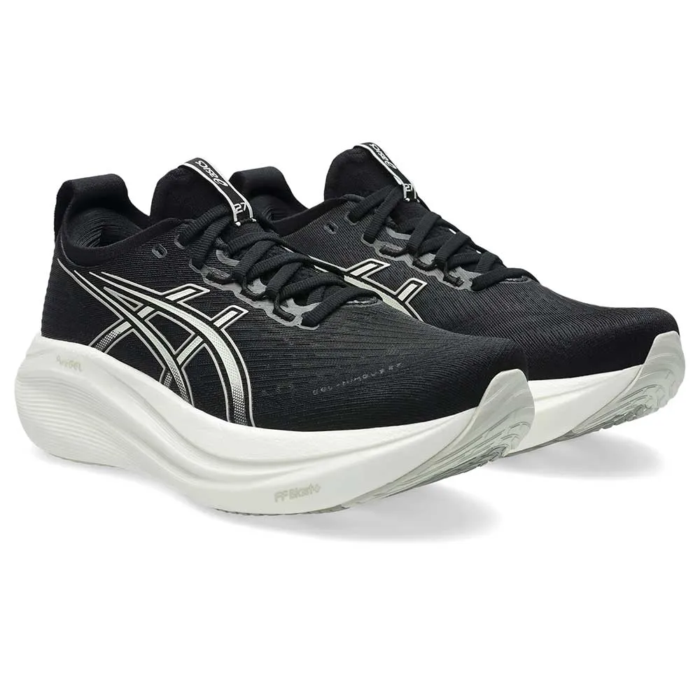 Women's Gel-Nimbus 27 Running Shoe - Black/Lake Grey - Narrow (2A) Contoured Collar Padding Shock Diffusion Layer