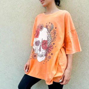 Timeless Comfort Wear MicroPiqueKnit Limited! Skull Flowers Oversized Tee - Orange