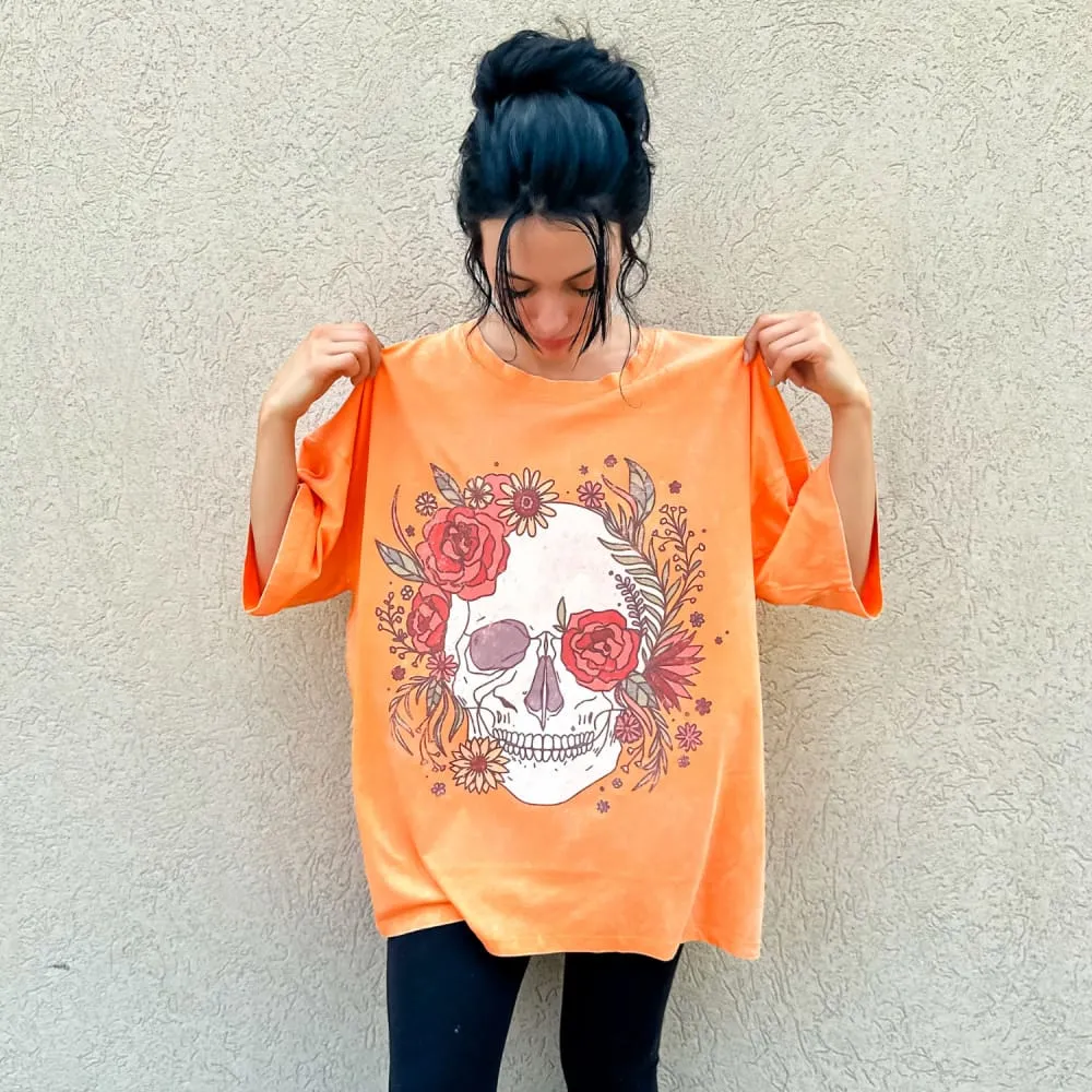 Limited! Skull Flowers Oversized Tee - Orange Compact Stitch Pattern
