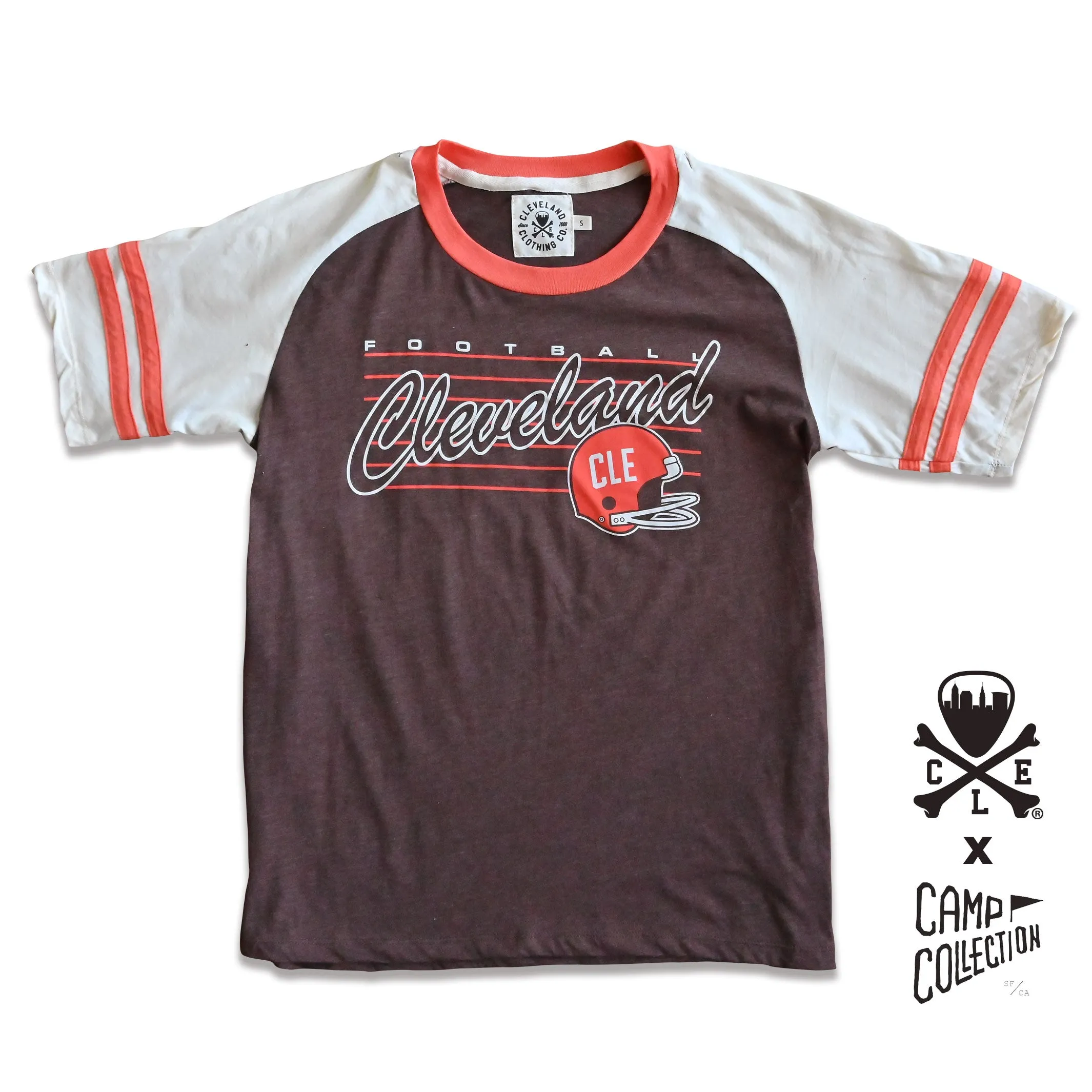 Layered Hem Design Limited Edition CLE x CAMP COLLECTION : Cleveland Football Vintage Script - Mens/Unisex Crew T-Shirt