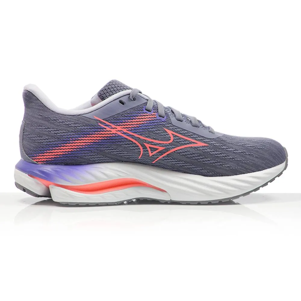 Mizuno Wave Inspire 21 (Womens) - Blue Granite/Striking Coral/Iris Bloom logo - rhinestoned shoes