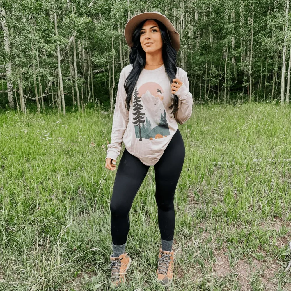 Forest Scene Long Sleeve - Pink Gravel Classic Comfort Style Embroidered Details