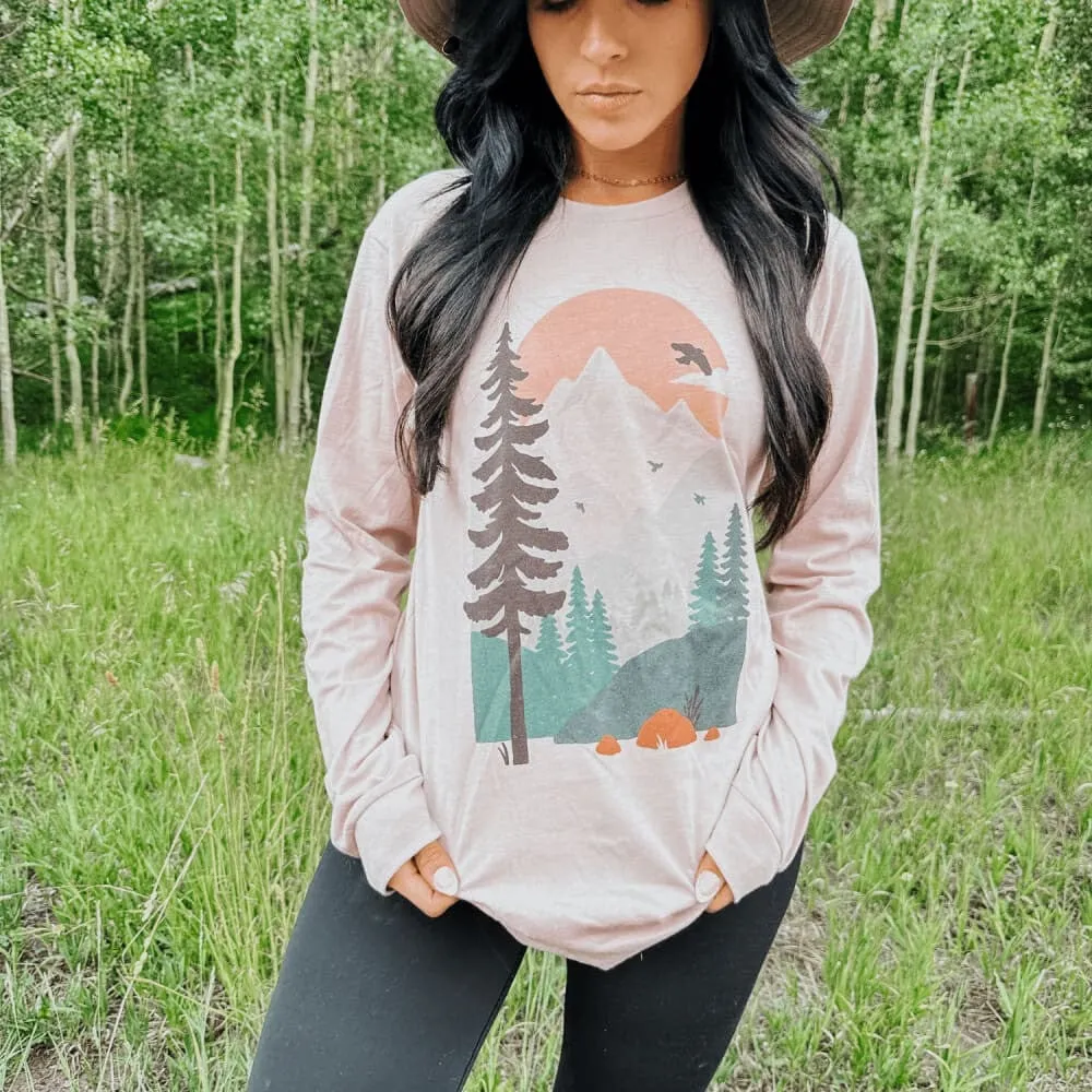 Forest Scene Long Sleeve - Pink Gravel Cozy Vibes Weekend Ready
