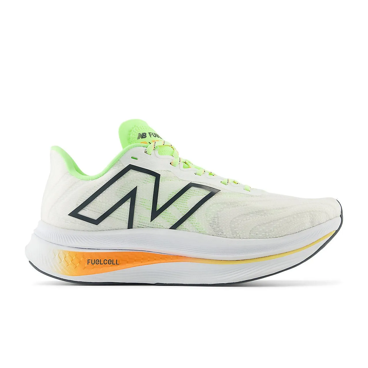 New Balance FuelCell SuperComp Trainer v2 (Womens) - White with bleached lime glo and hot mango self - esteem running in city
