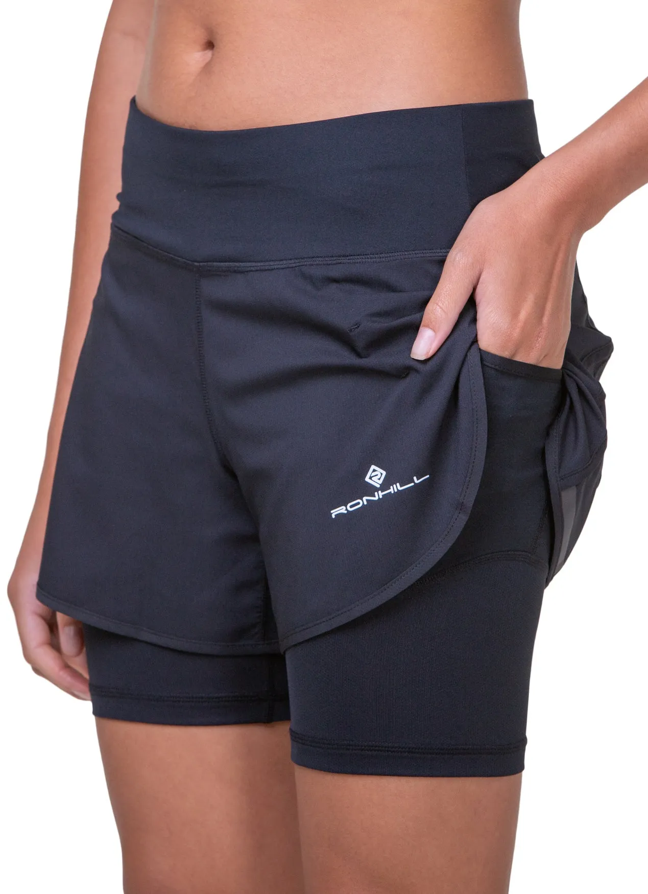 Ronhill Tech 4.5 Inch Twin 2 in 1 Womens Running Shorts - Black Hypoallergenic Lining Thermoregulating Fabric