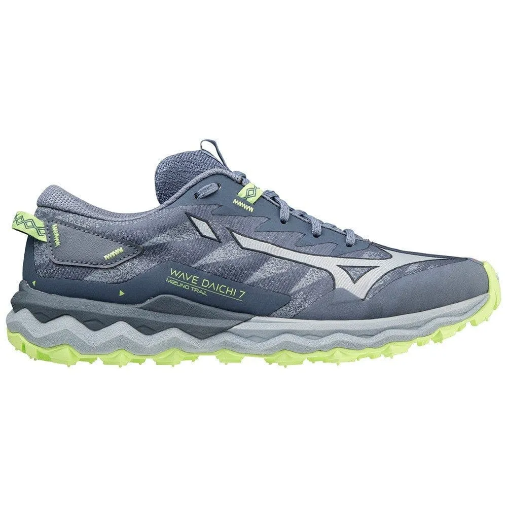Mizuno Wave Daichi 7 (Women's) - Indigo/Subdued/Neo Lime Compression Molded Midfoot waterproof trail shoes