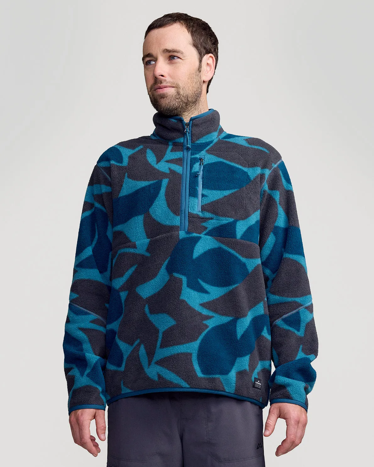 Hooded Men's Trailhead Fleece 1/4 Zip Pullover - Washed Blue Forest Floor Print