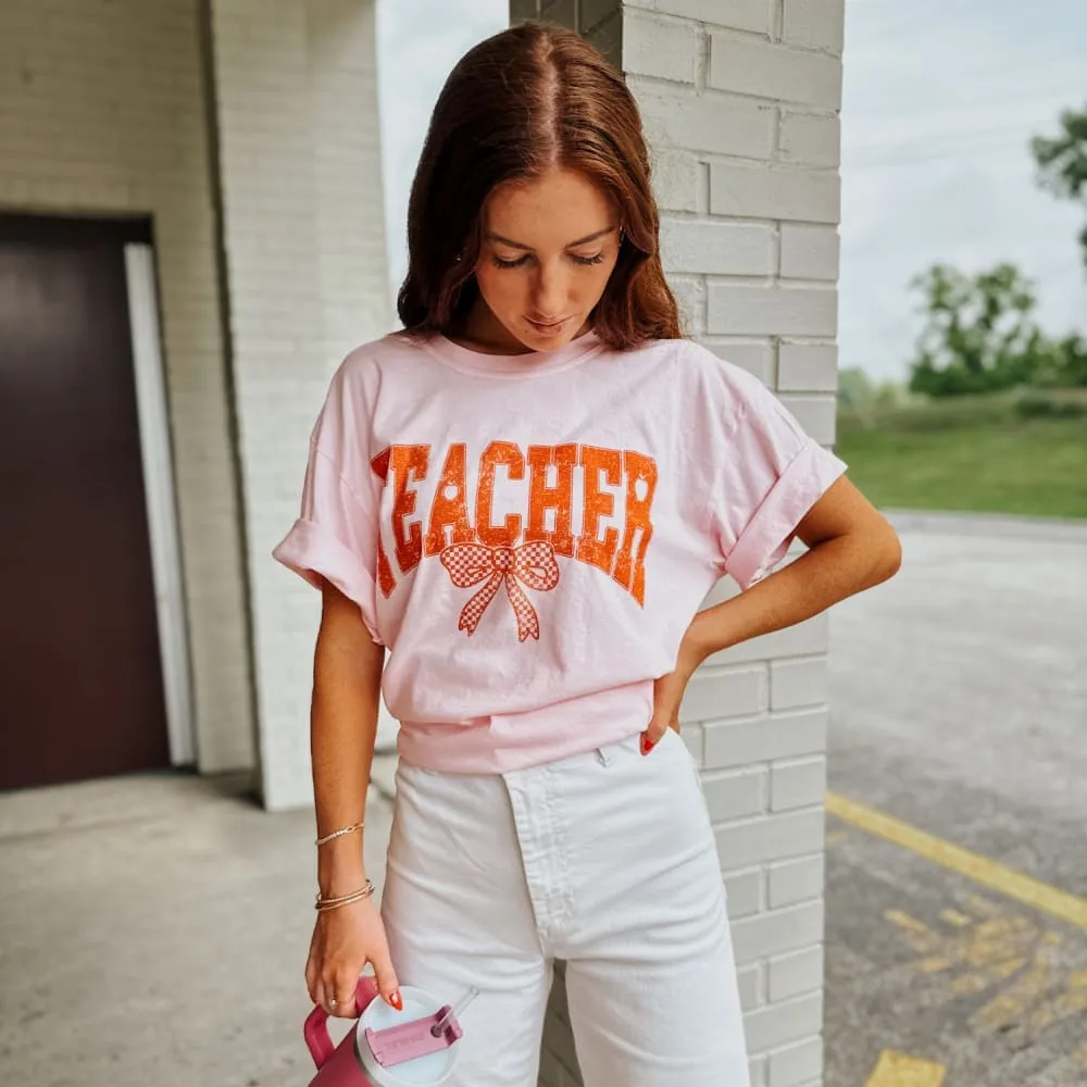 Orange Bow Teacher Tee - Blossom Casual Essentials Wear Cool and Relaxed