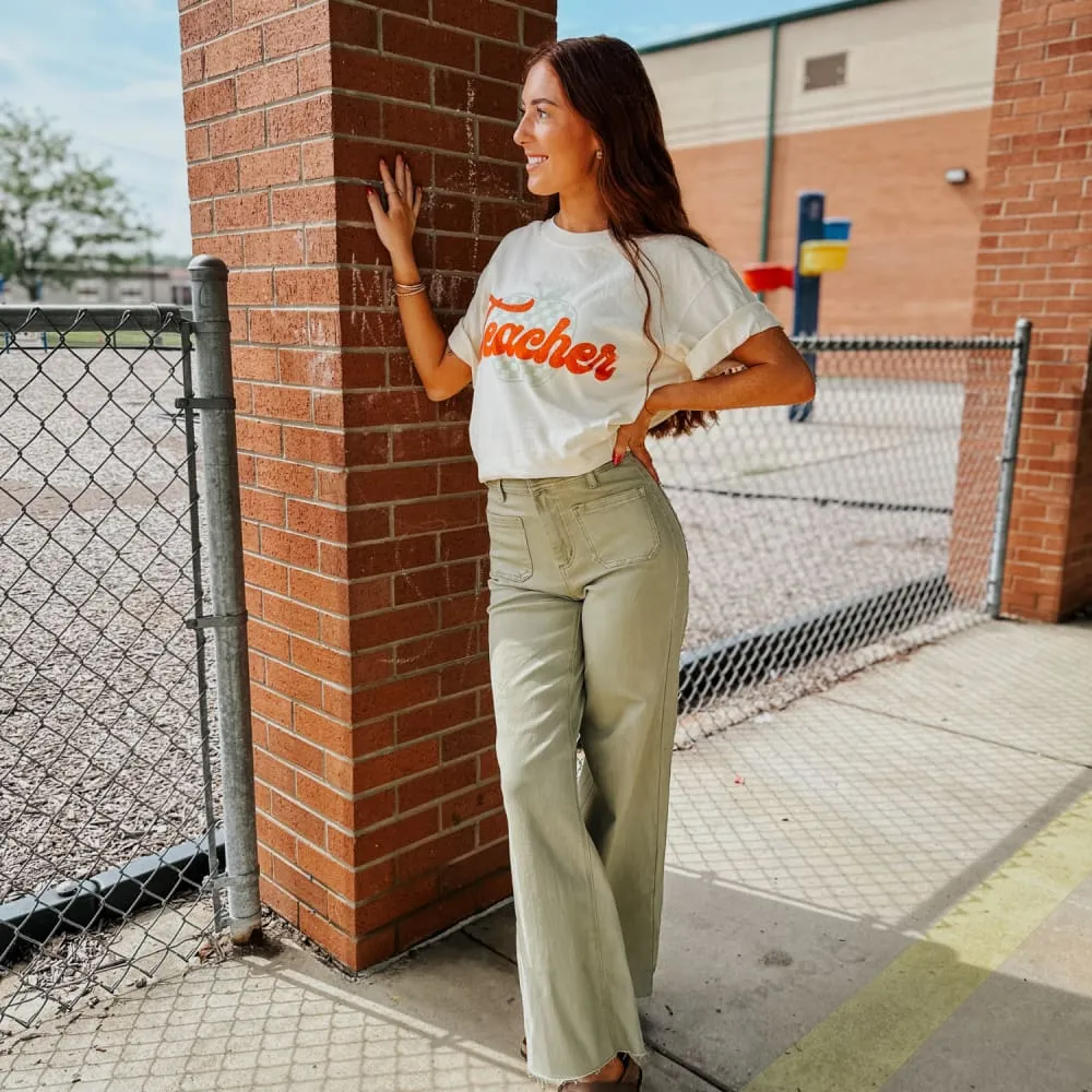 Checkerboard Apple Teacher Tee proper length Comfy Waistband