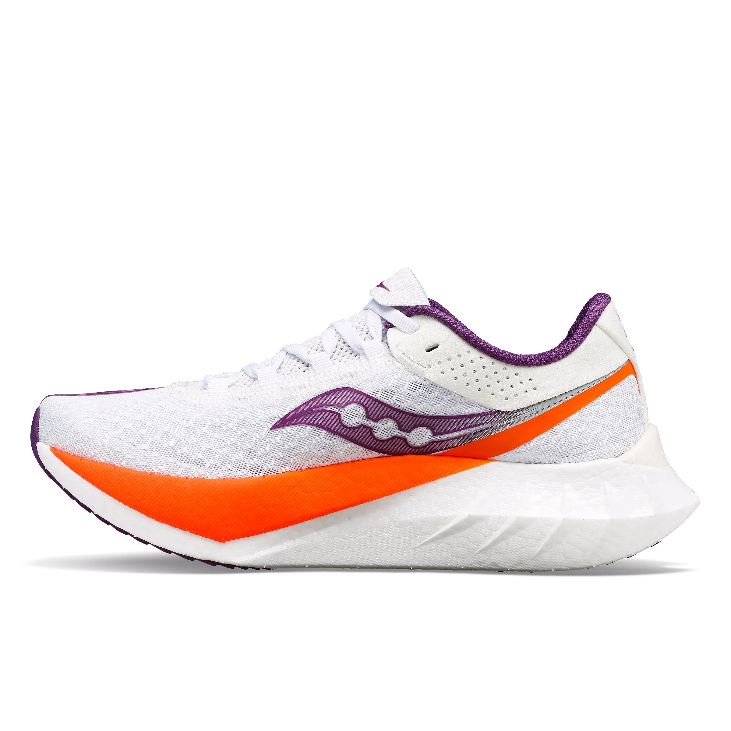 Women's Endorphin Pro 4 Running Shoe - White/Violet - Regular (B) Bouncy Responsive Foam running in a stadium