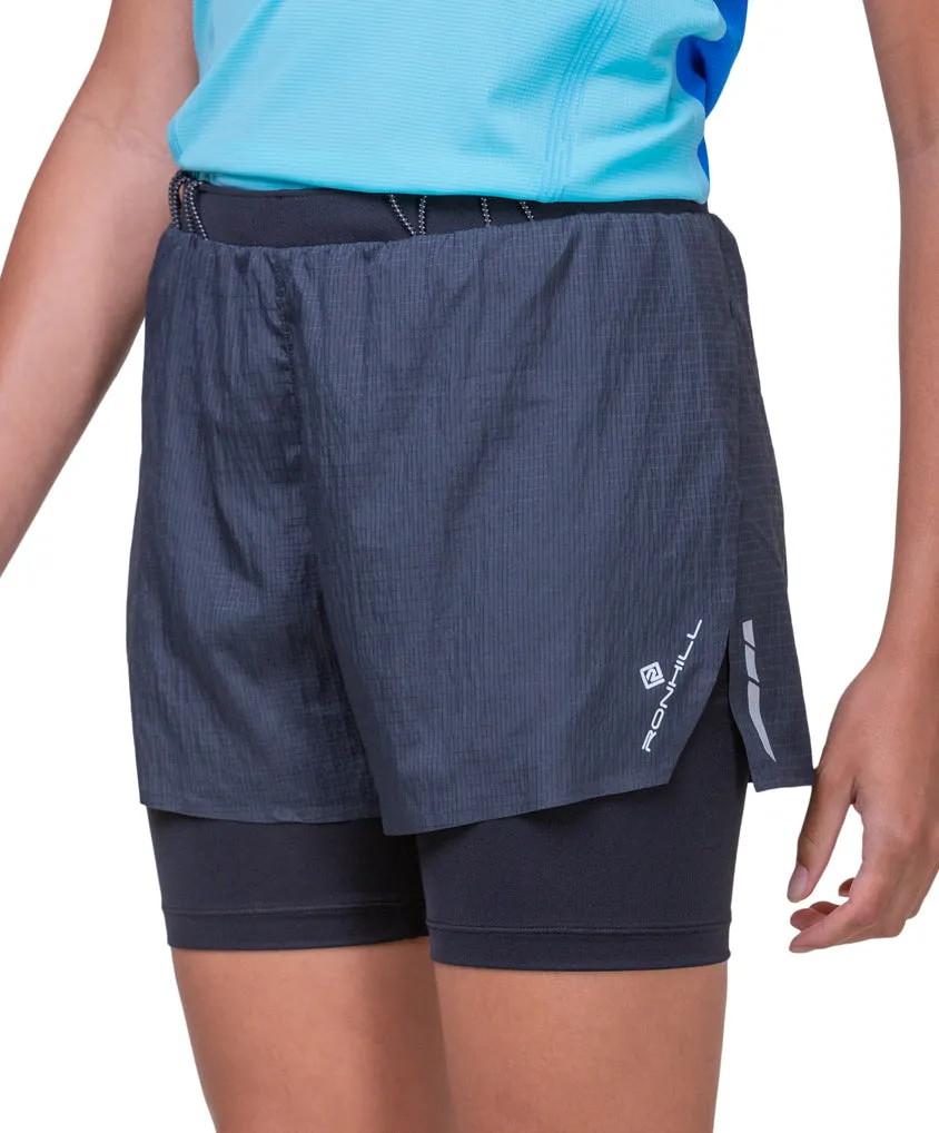 Ronhill Tech Race Twin 2 In 1 Womens Running Shorts - Black No Bulky Feel Wide Range Motion
