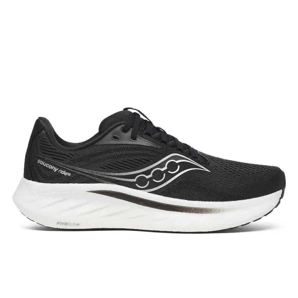 Saucony Ride 18 Wide (Womens) - Black/White medallion - decorated running wear gym - workout running shoes