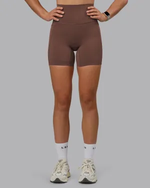 Flattering Cut Double Layer Minimalist Style Elixir Ultra High-Rise 6" Short Pockets - Chocolate Martini