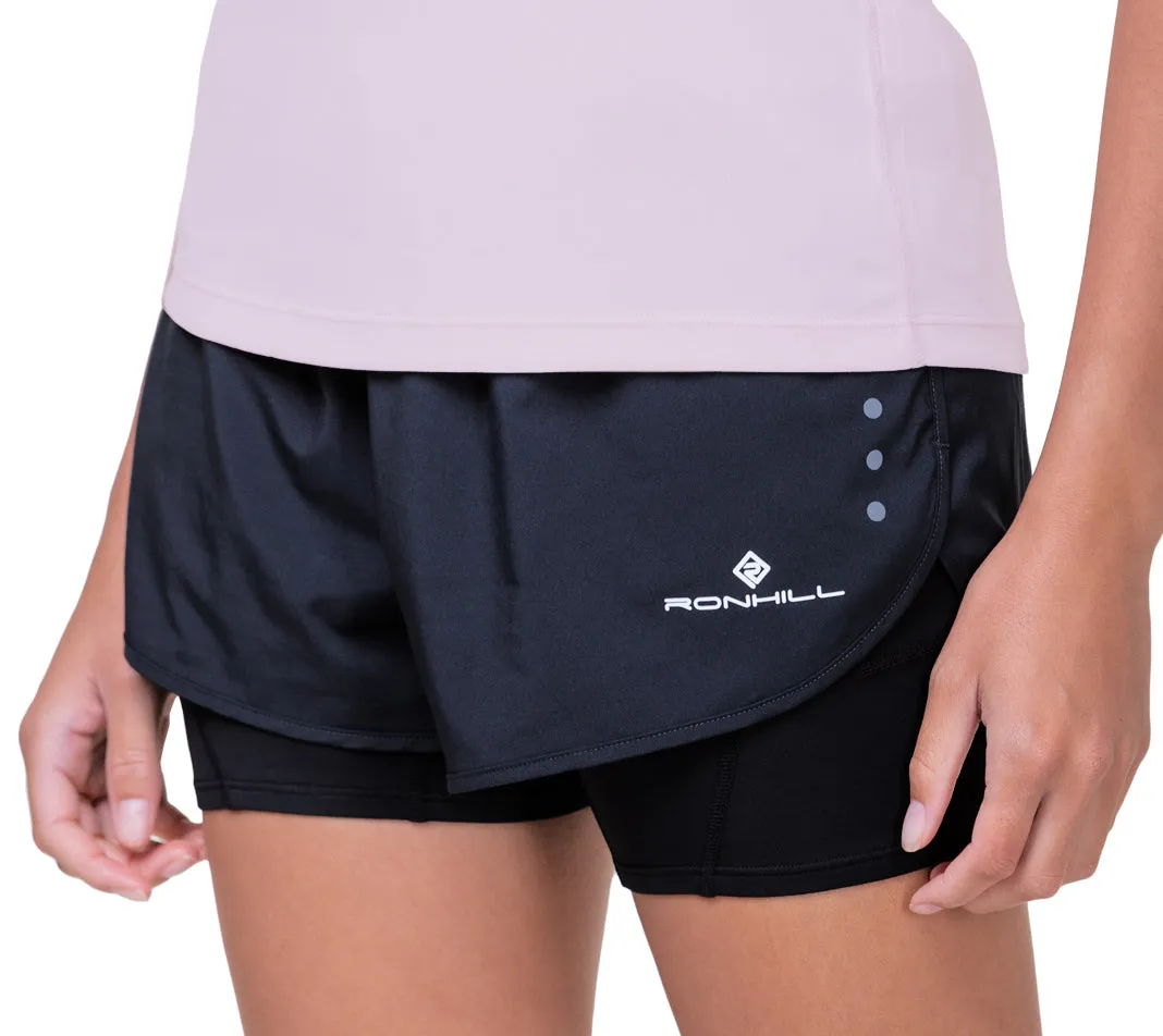 Ronhill Core Twin 2 In 1 Womens Running Shorts - Black Stretchy Waist Water Resistant Finish