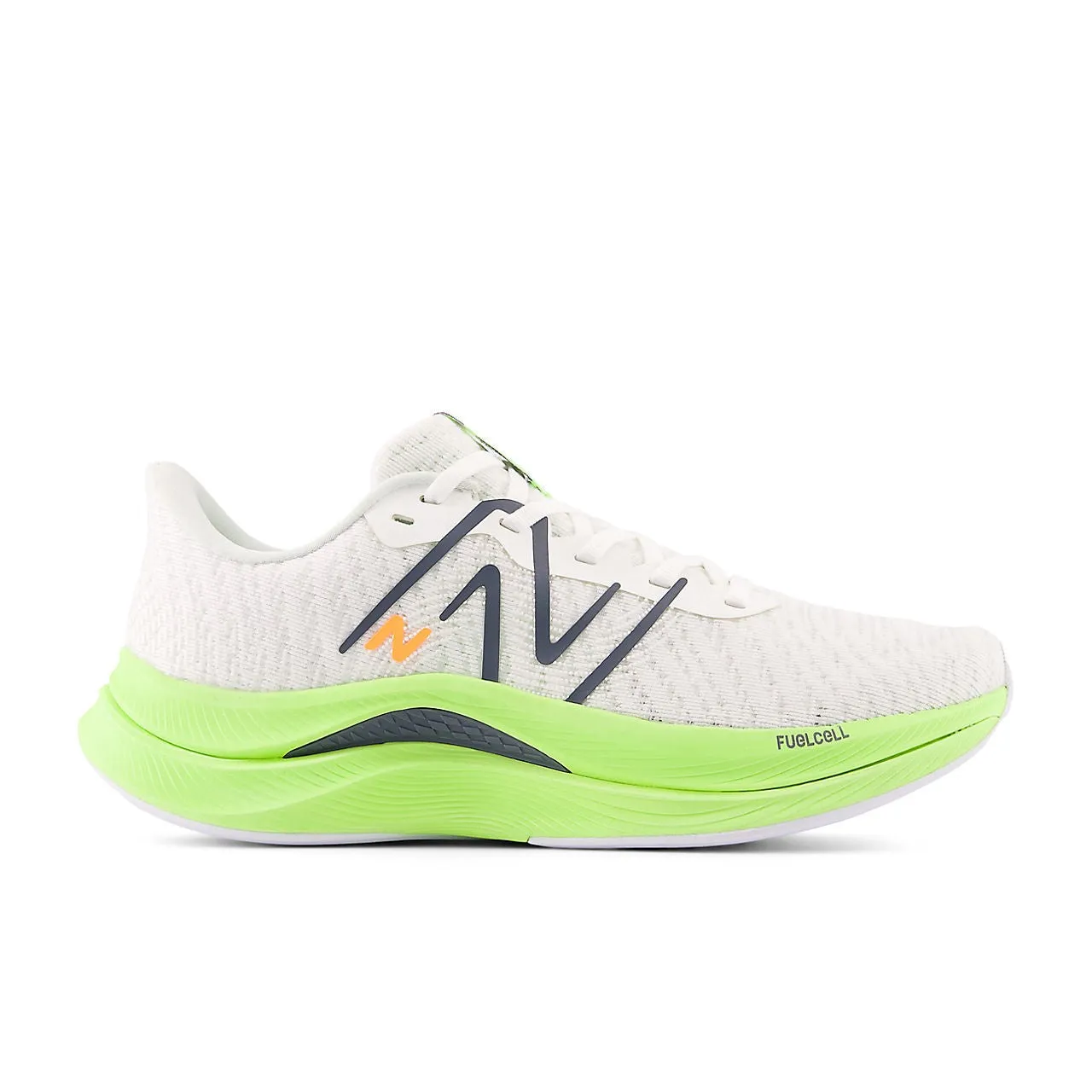 New Balance FuelCell Propel v4 (Womens) - White with bleached lime glo and graphite Balanced Ride reflective visibility