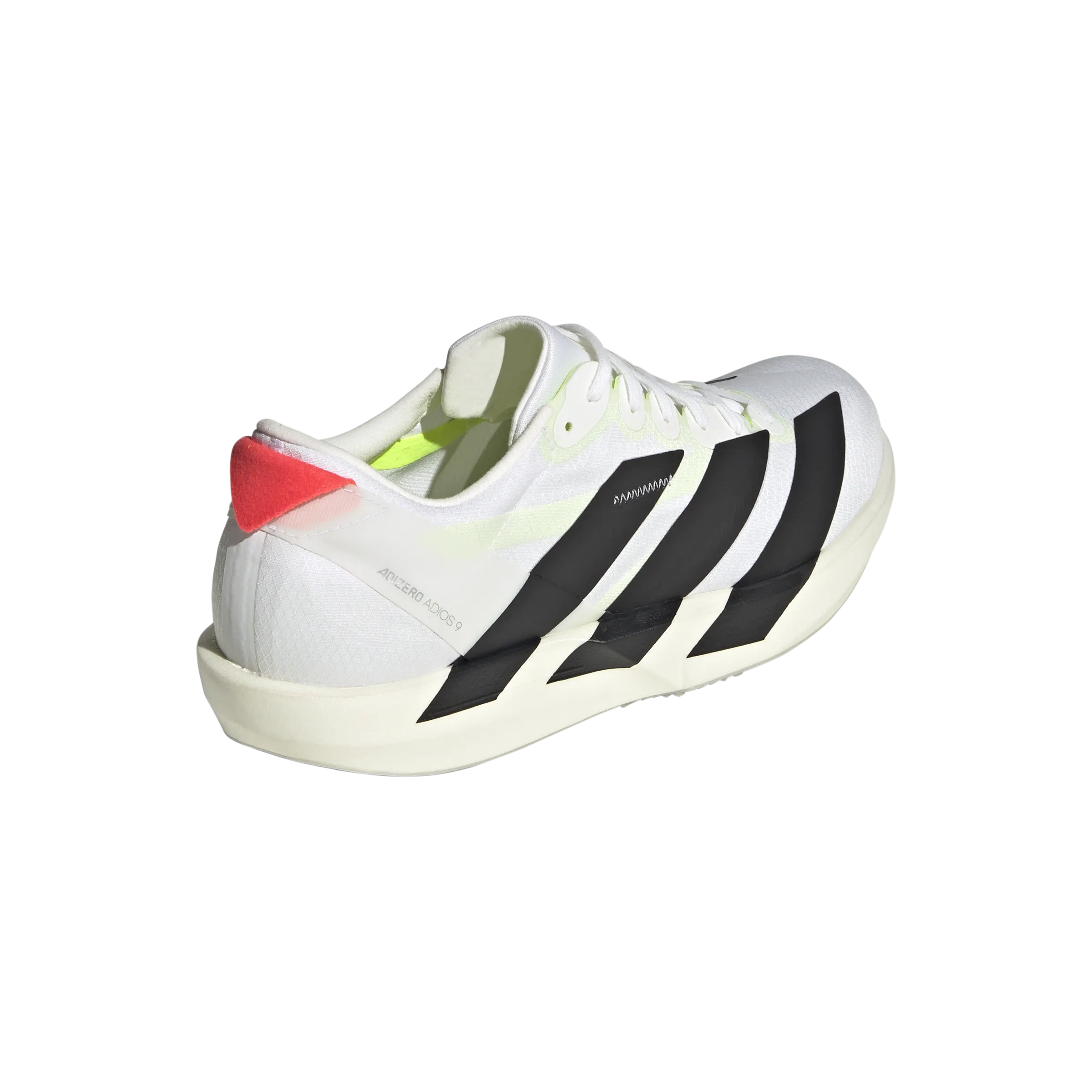 Adidas?Adizero Adios 9 (Womens) - White/FtwrWhite/Core Black/Lucid Red running during a foggy day