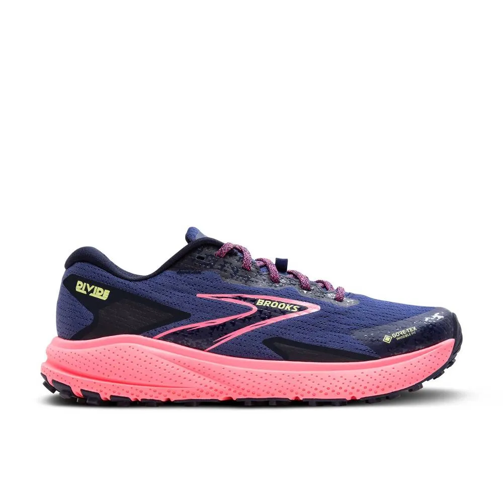 Hyper Responsive Cushioning heavy duty trail shoes Brooks Divide 5 GTX (Womens) - Grey Blue/Pink/Lime