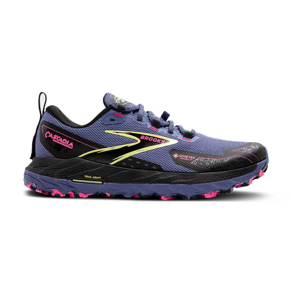 Brooks Cascadia 18 GTX (Womens) - Grey Blue/Black/Pink Eco Friendly Synthetics Adjustable Heel Cup