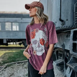 Cool Comfort Limited! Skull Flowers Oversized Tee - Merlot