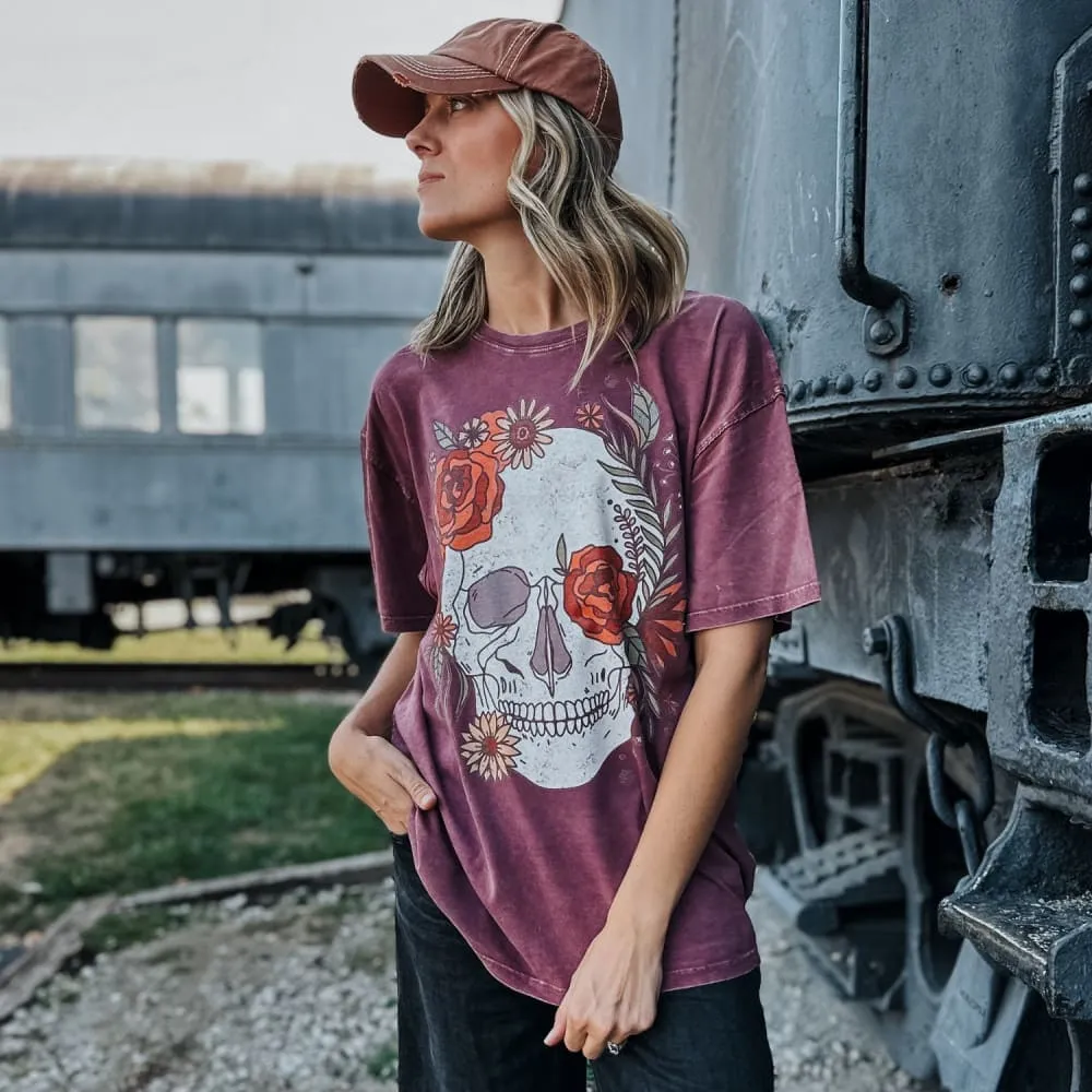 Cool Comfort Limited! Skull Flowers Oversized Tee - Merlot
