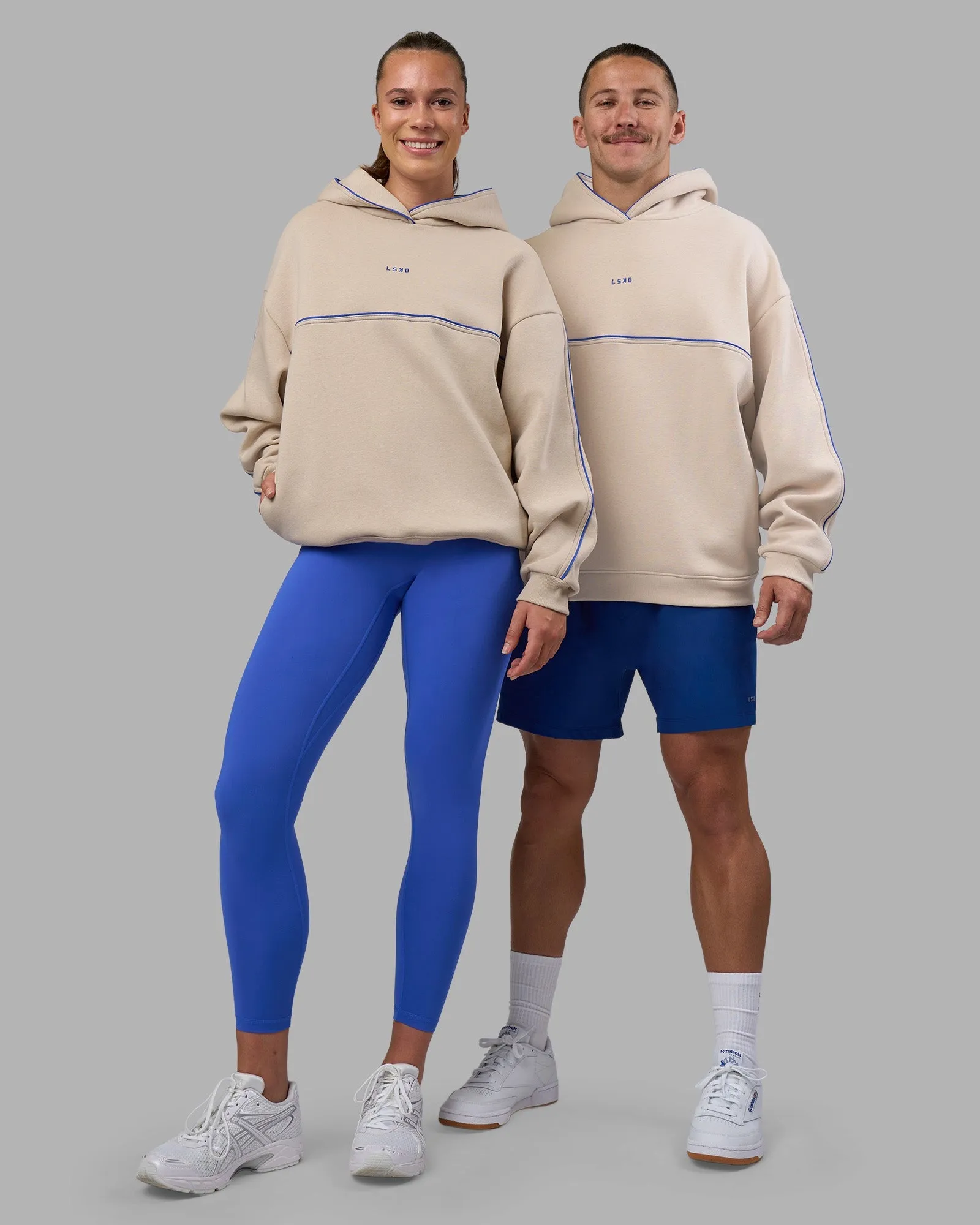 Unisex Oversized Piping Hoodie - Shale Beige-Power Cobalt Cozy Fleece Light Warmth