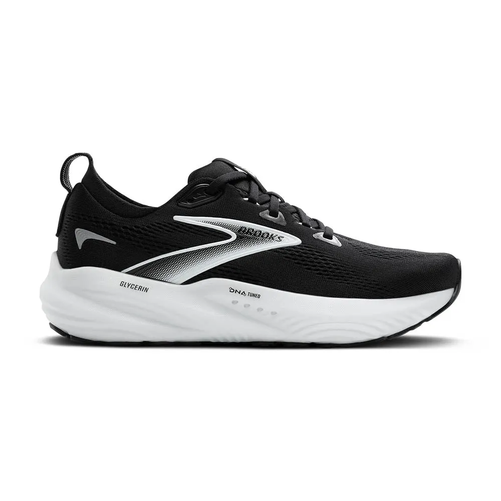 Brooks Glycerin 22 Width Fitting (Womens) - Black/Grey/White running in a cable car station area shoes