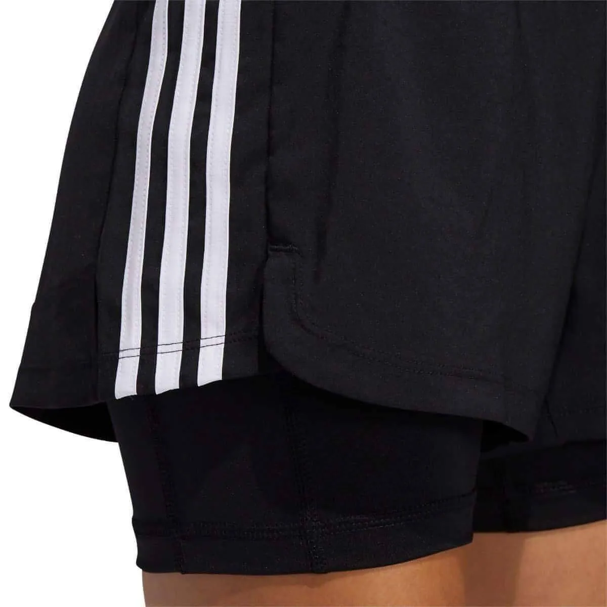 Slip Resistant Inner Grip Breezy Design adidas Pacer 3 Stripes Woven 2 In 1 Womens Training Shorts - Black