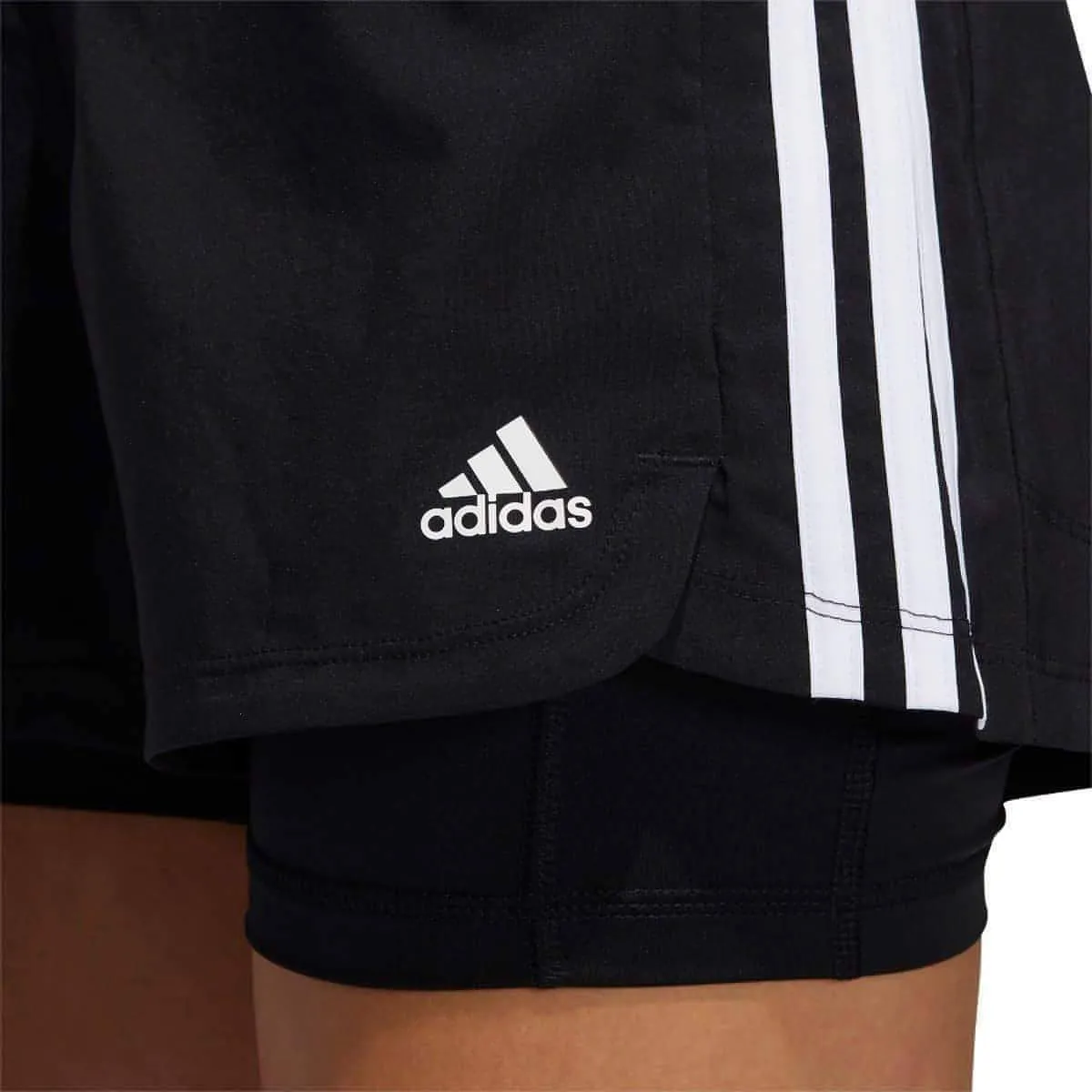 adidas Pacer 3 Stripes Woven 2 In 1 Womens Training Shorts - Black Ergonomic Curved Seams cycling clothing
