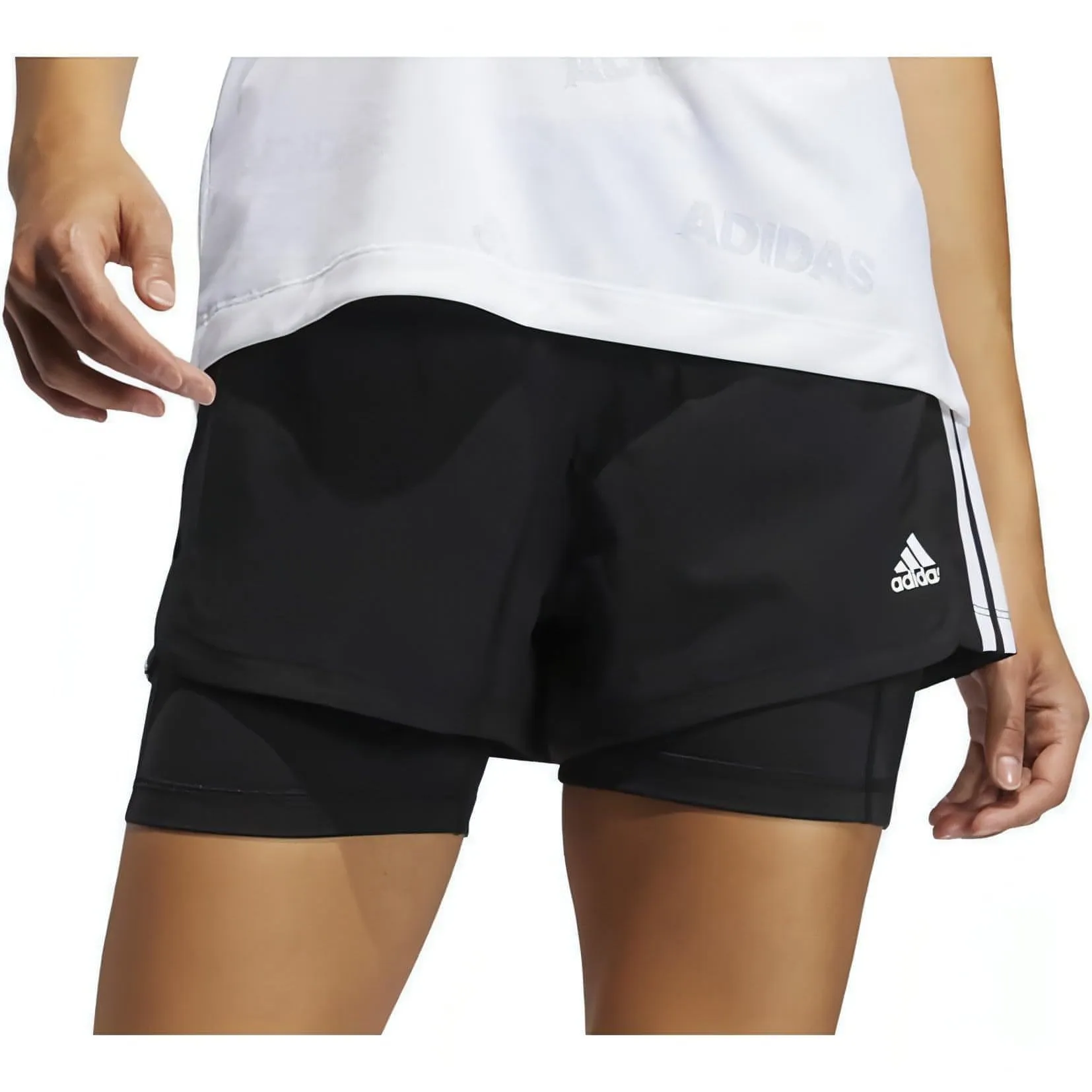 Playful Prints Mesh Ventilation Zones adidas Pacer 3 Stripes Woven 2 In 1 Womens Training Shorts - Black