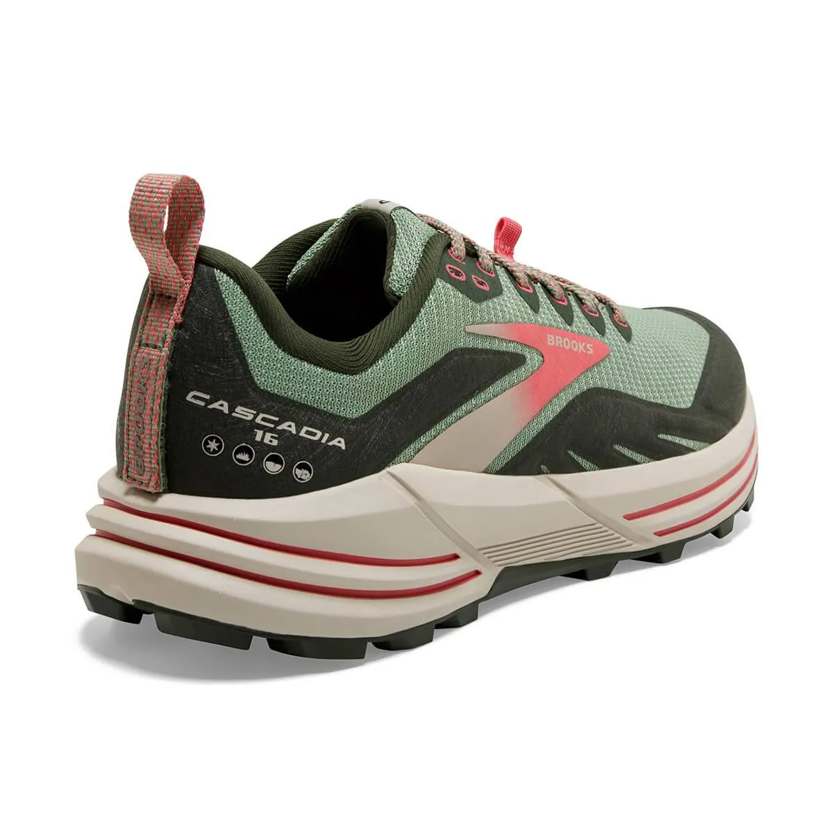 Brooks Cascadia 16 (Women's) - Basil/Duffel Bag/Coral High Traction Responsive Midsole