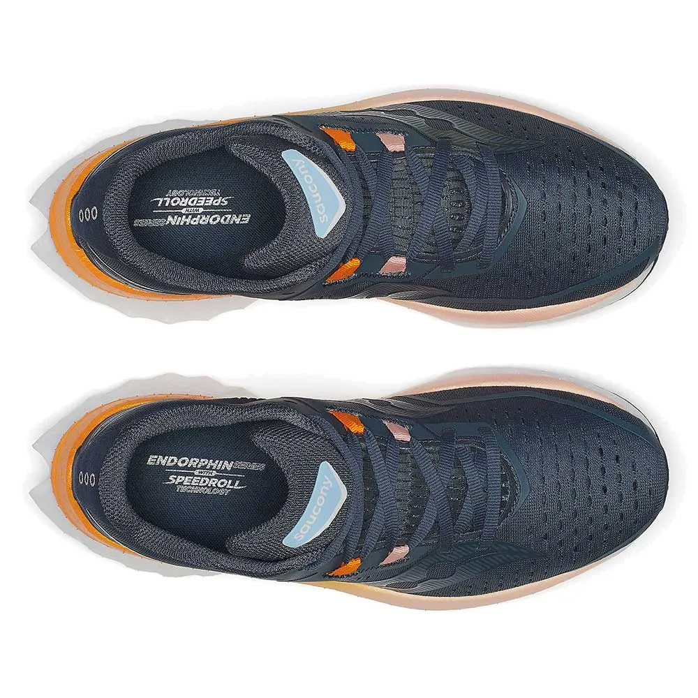 Women's Endorphin Speed 4 Running Shoe - Dusk/Peel - Regular (B) running with sunglasses running on a track oval